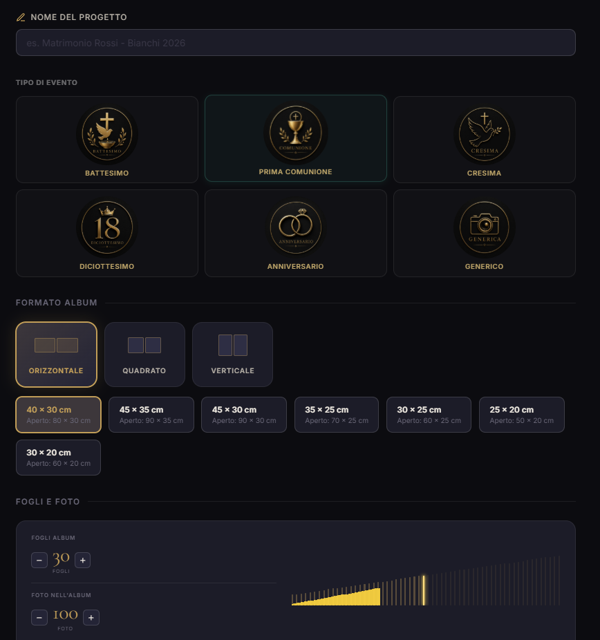 Selezione tipo evento e formato album in AlbumBuilder PRO