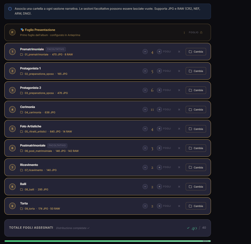 Selezione cartelle e sezioni narrative in AlbumBuilder PRO